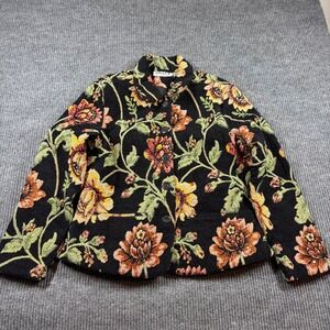 Vintage Anage Jacket Women's Floral Tapestry Beaded Sequin Cotton Blazer Black